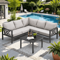 Outdoor Patio Furniture sets, All - Metal Patio Furniture Sets Patio Sets Clearance, Coffee Table L - Shaped Patio Couch with Cushions, Patio Conversation Sets , Grey - NAIPO