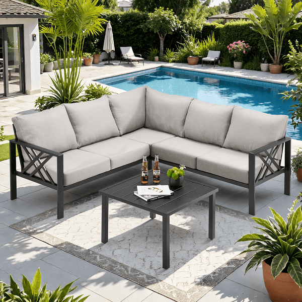 Outdoor Patio Furniture sets, All-Metal Patio Furniture Sets Patio Sets Clearance, Coffee Table L-Shaped Patio Couch with Cushions, Patio Conversation Sets , Grey