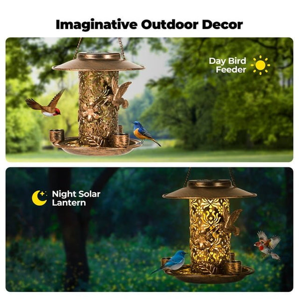 Solar Wild Bird Feeder for Outdoors Hanging, Metal Bird Feeder for Cardinals, Bird Lovers Gift, Solar Lantern Garden Decoration