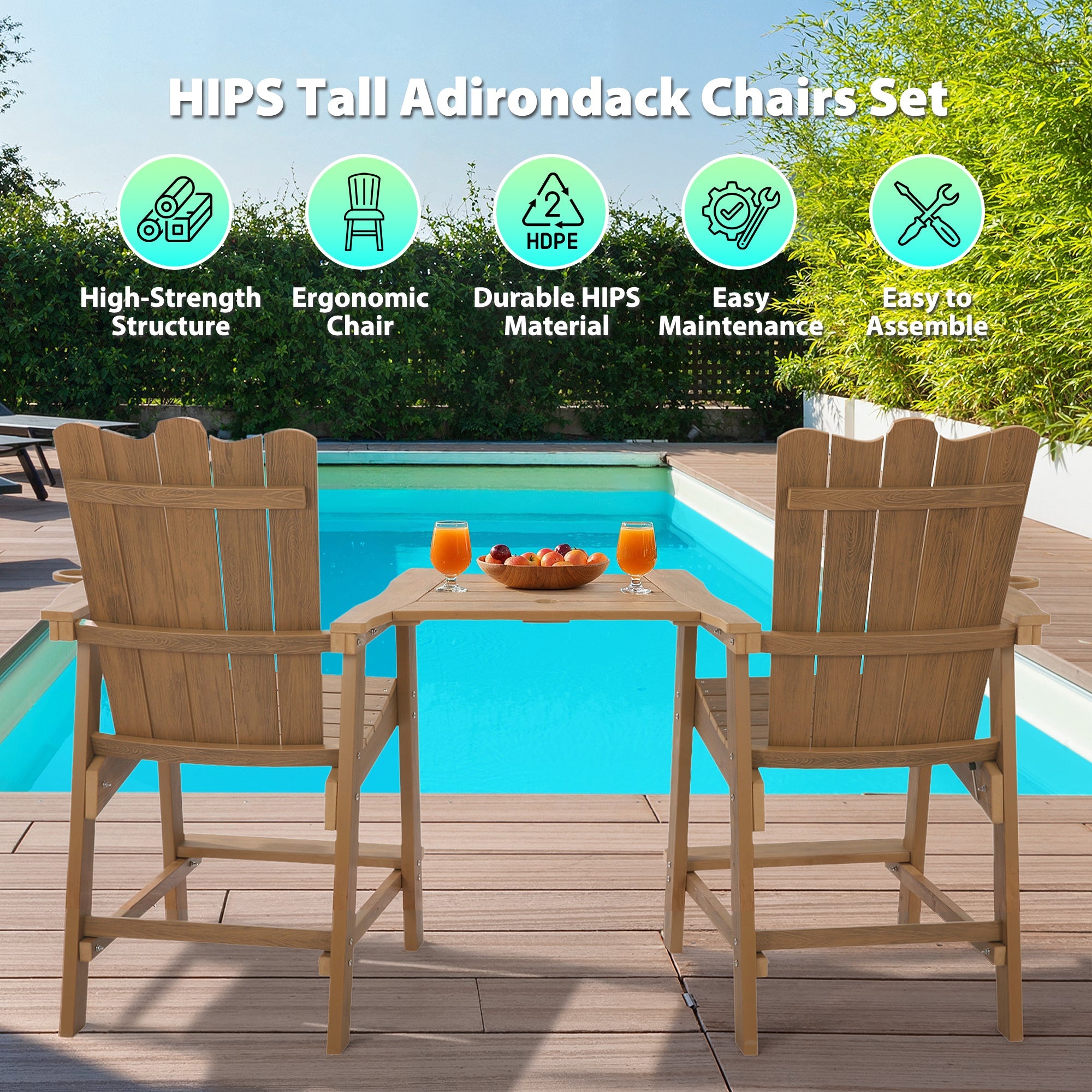 Tall Adirondack Chair Set of 2, HDPS Outdoor Adirondack Barstools with Double Connecting Tray Patio Stools Weather Resistant for Outdoor Deck Lawn Pool Backyard - NAIPO