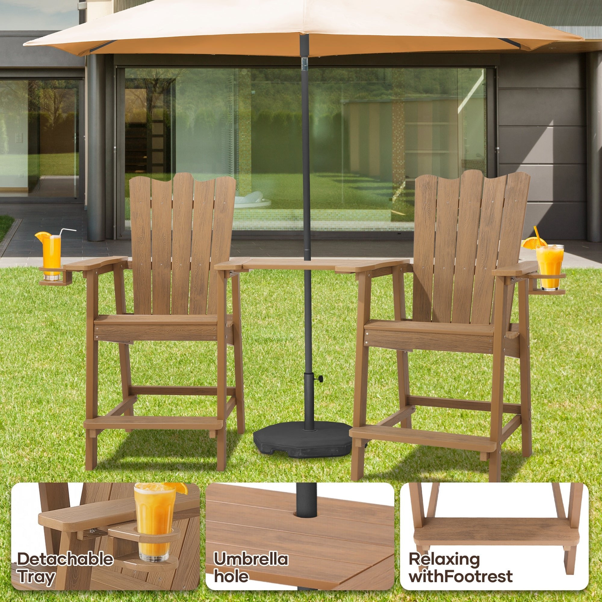 Tall Adirondack Chair Set of 2, HDPS Outdoor Adirondack Barstools with Double Connecting Tray Patio Stools Weather Resistant for Outdoor Deck Lawn Pool Backyard - NAIPO