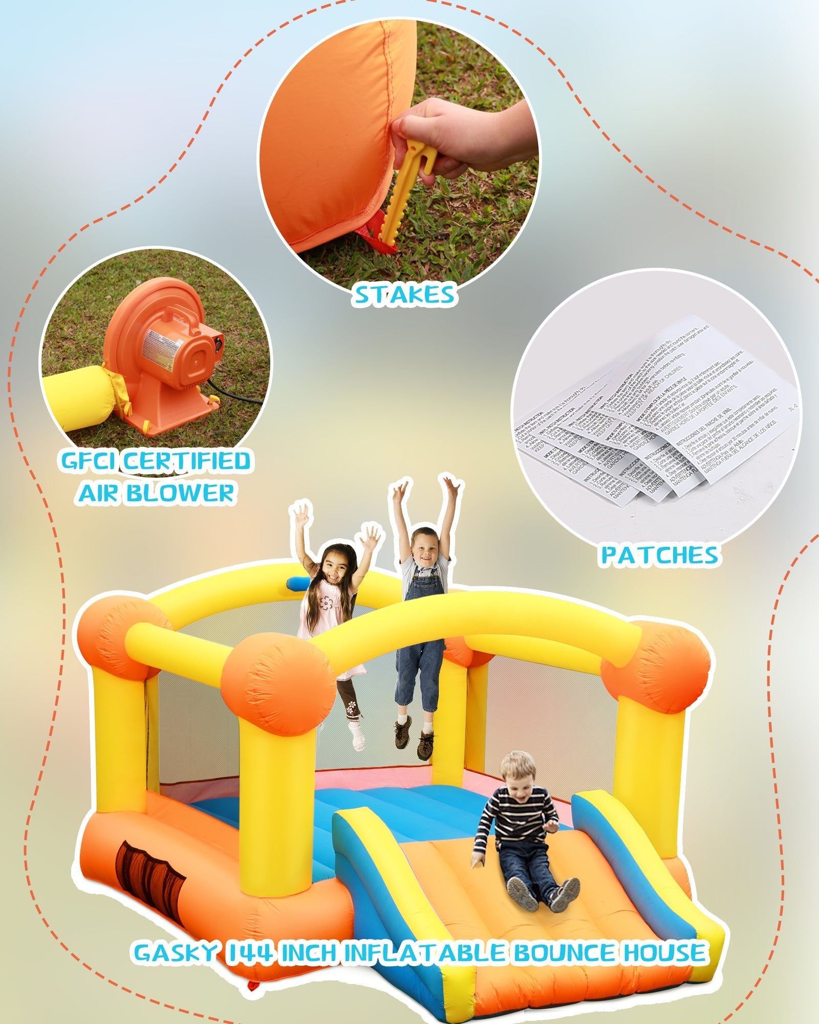 Gasky Inflatable Bounce House 12 x 9 x 5.7 FT Large Bouncing Area W Slide, Blower, Oxford & PVC , Repair Patches, Storage Bag for Ages 3-8 Years Kids Outdoor - NAIPO