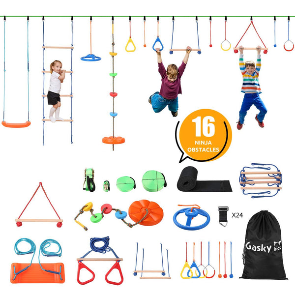 Gasky Ninja Warrior 16 Obstacles Course Kit for Kids-55 ft Ninja Slackline Kit Backyard Outside - NAIPO