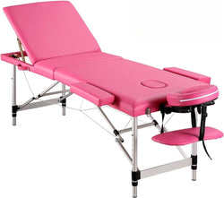 Massage Table Professional Massge Bed 3 Fold 82 Inches Height Adjustable for Spa Salon Lash Tattoo with Aluminum Legs Carrying Bag Accessories Pink - NAIPO
