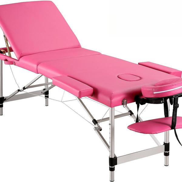 Massage Table Professional Massge Bed 3 Fold 82 Inches Height Adjustable for Spa Salon Lash Tattoo with Aluminum Legs Carrying Bag Accessories Pink