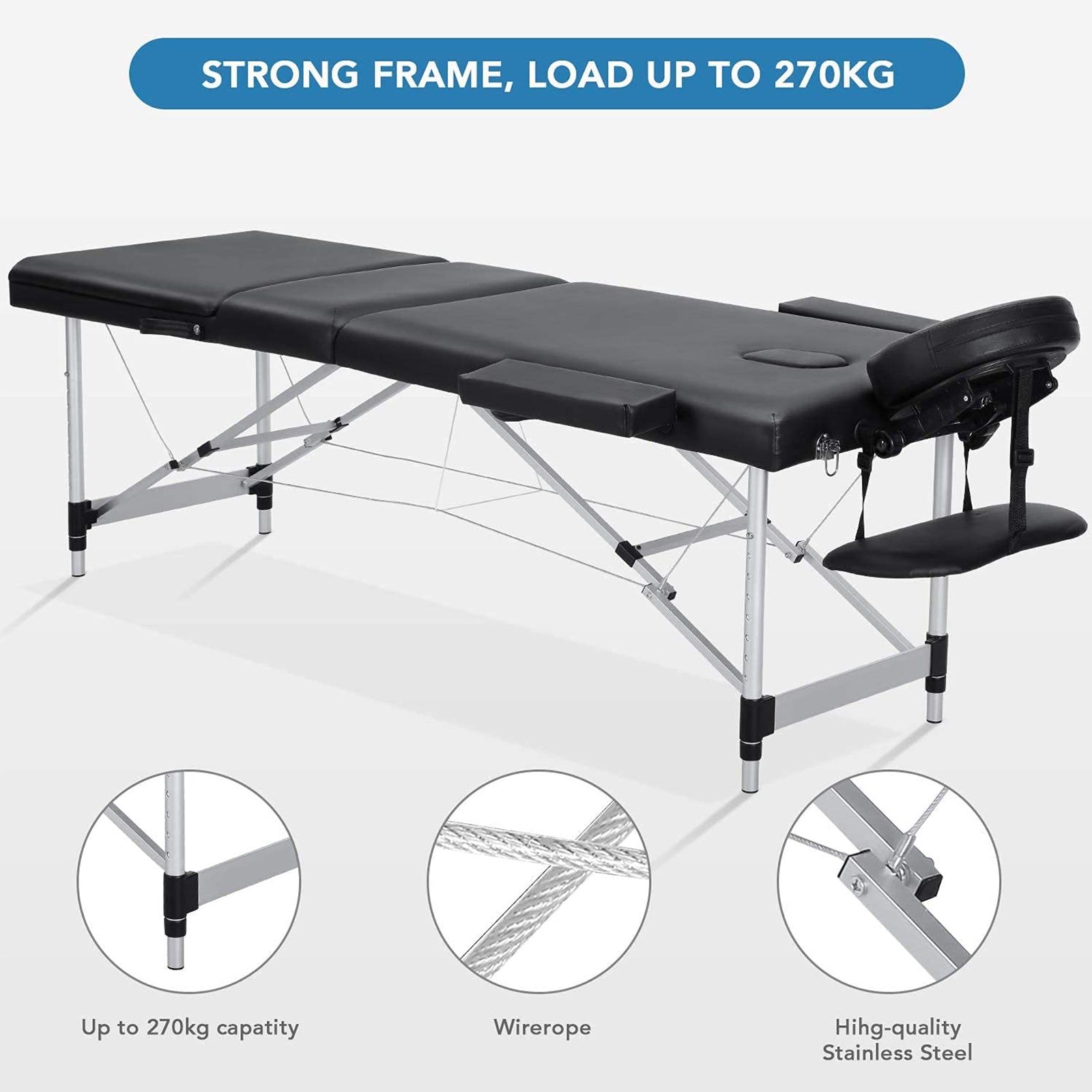 Massage Table Spa Bed Portable 3 Sections Wooden Legs with Face Hole Carrying Bag - NAIPO