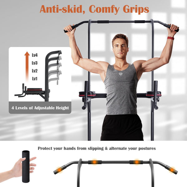 4 Level Adjustable Power Tower Workout Dip Stand Pull Up Bar Station-Strength Training Fitness Exercise Equipment for Home Gym-New Version