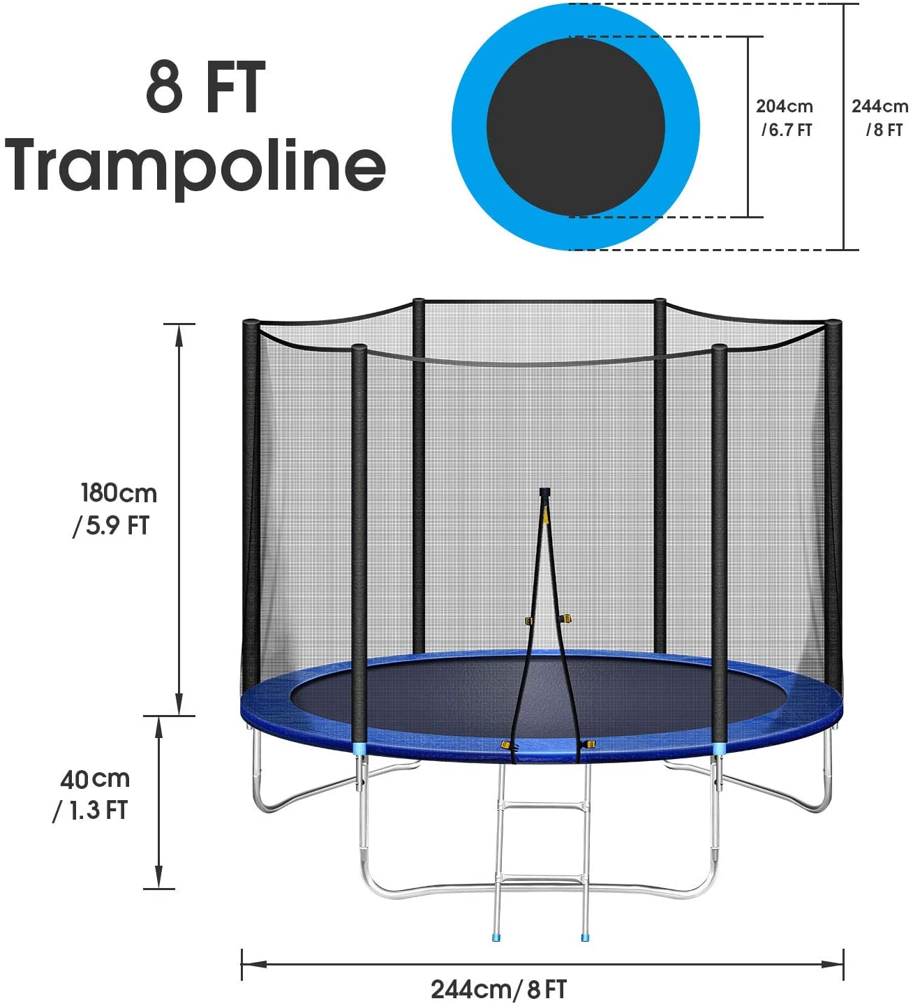 MaxKare 8 FT Trampoline with Enclosure Safety Net & Spring Cover Rebounder for Kids Jumping Exercise Fitness, Indoor Outdoor Use, 300-500 LBS Weight Capacity - NAIPO