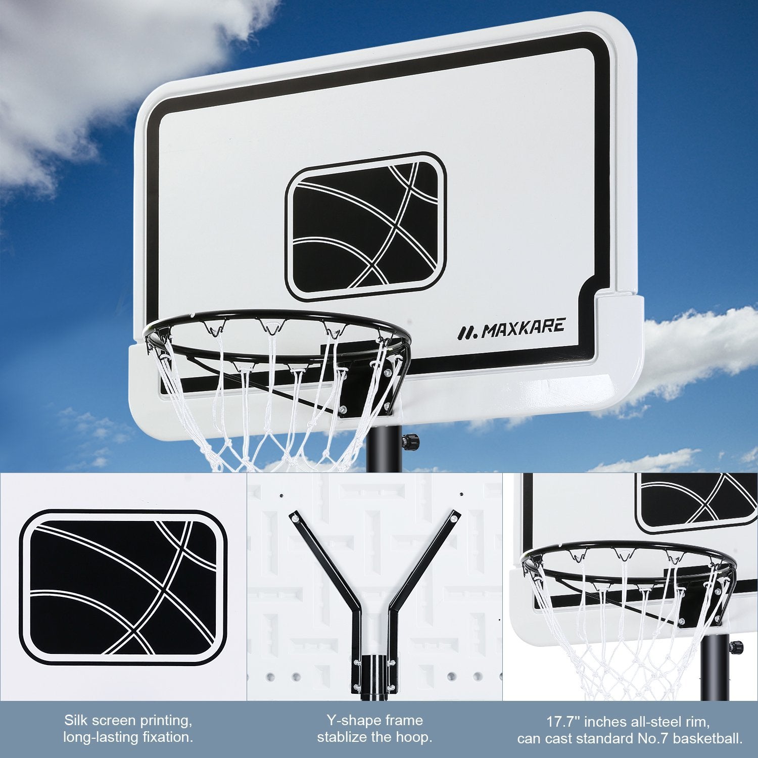 MaxKare Basketball Hoop Outdoor Portable Basketball Goals Adjustable Height 7ft 6in-10ft for Adults Teenagers, 44 Inch Premium Backboard + 2 Wheels + Strong Base - NAIPO