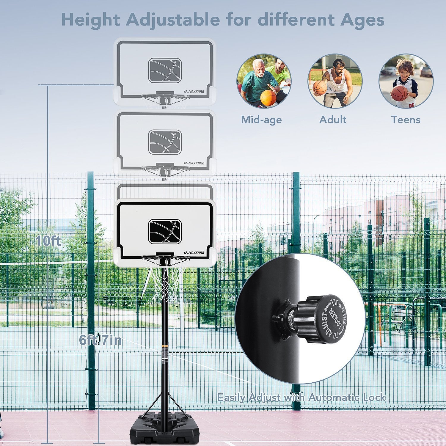 MaxKare Basketball Hoop Outdoor Portable Basketball Goals Adjustable Height 7ft 6in-10ft for Adults Teenagers, 44 Inch Premium Backboard + 2 Wheels + Strong Base - NAIPO