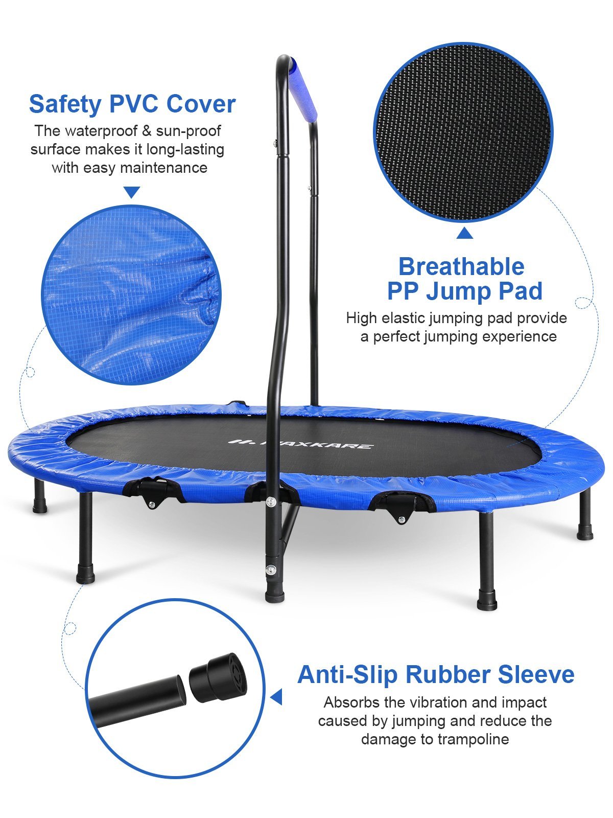 MaxKare Double Kids Trampoline- Mini Foldable Rebounder for Kids w. Adjustable & Detachable Handle - NAIPO