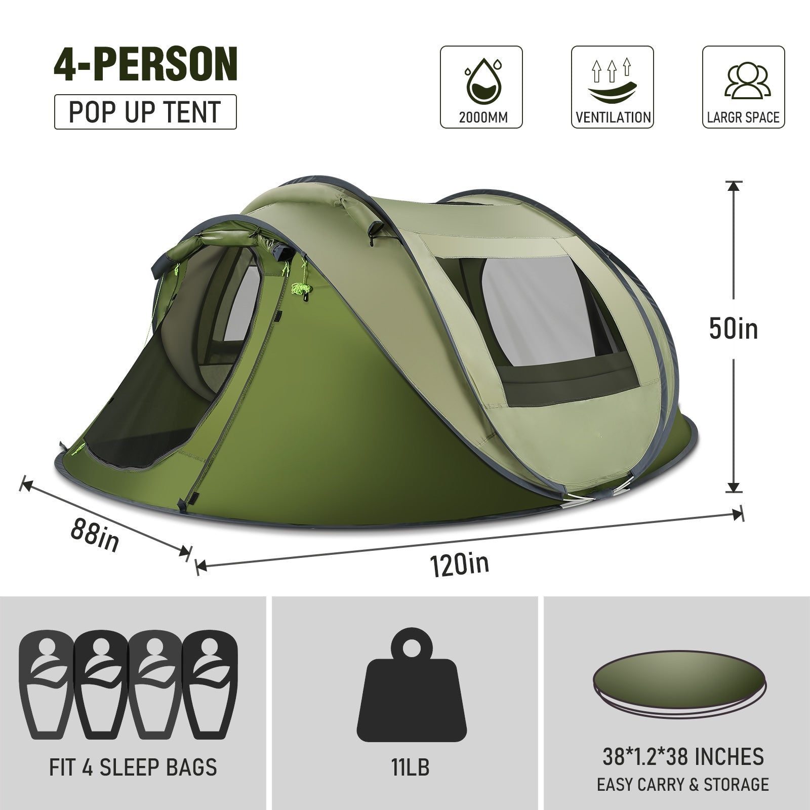 Camping Tent 4 Person Dome Tent Instant Tent for Camping with Waterproof, Windproof, Carry Bag,Lightweight for Camping, Backpacking & Hiking Family Outdoor