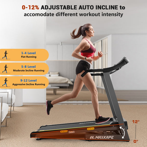 MaxKare Treadmill Auto Incline Folding Treadmill for Home with 12-Level Adjustment,15 Preset Training Programs on Large LCD Display and 2.5HP Power 8.5MHP Max Speed for Office Workout - NAIPO