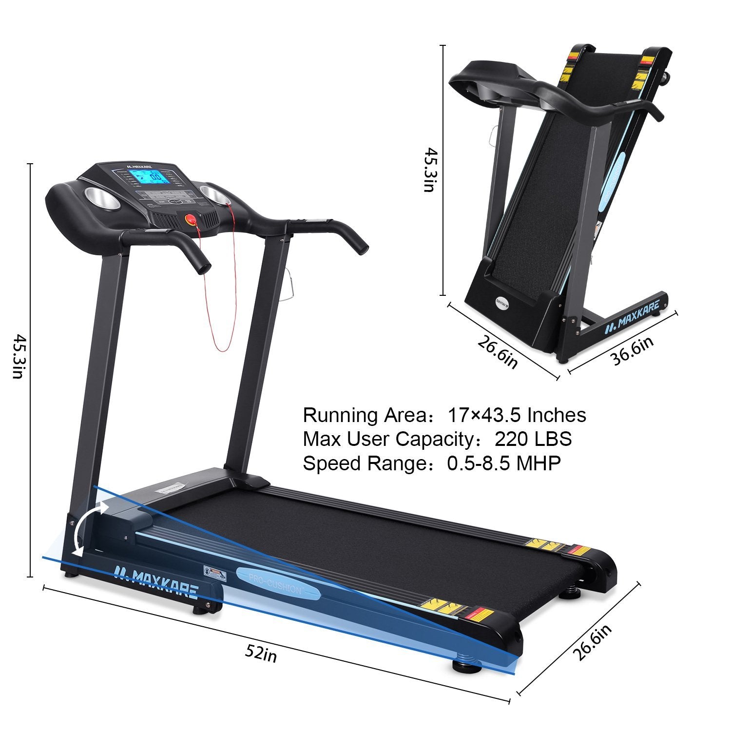 Maxkare Folding Treadmill Auto Incline MaxKare Treadmill With 12