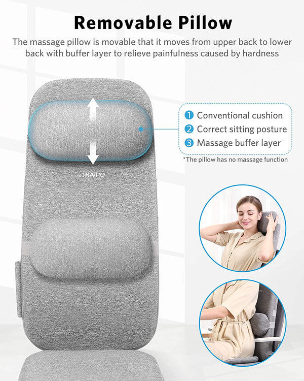 Naipo Shiatsu Massage Cushion with Heat and Vibration, Massage Chair Pad to Relax Full Back, Shoulders, Lumbar and Thighs, Stable and Portable Back Massager Mat for Home, Office Use, Grey - NAIPO