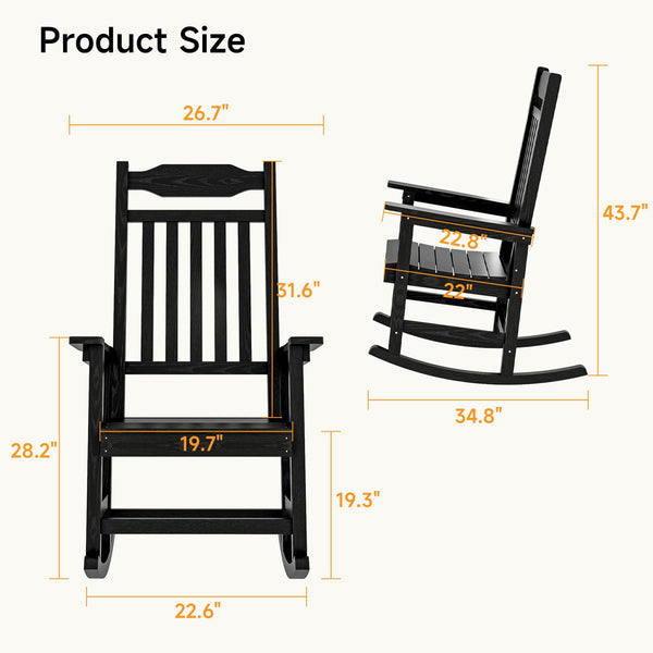 Patio Rocking Chair All-Weather, Oversized Porch Rocker Chair 400 lbs Weight Capacity, for Backyard, Fire Pit, Lawn, Garden, Outdoor and Indoor for Adults, Black - NAIPO