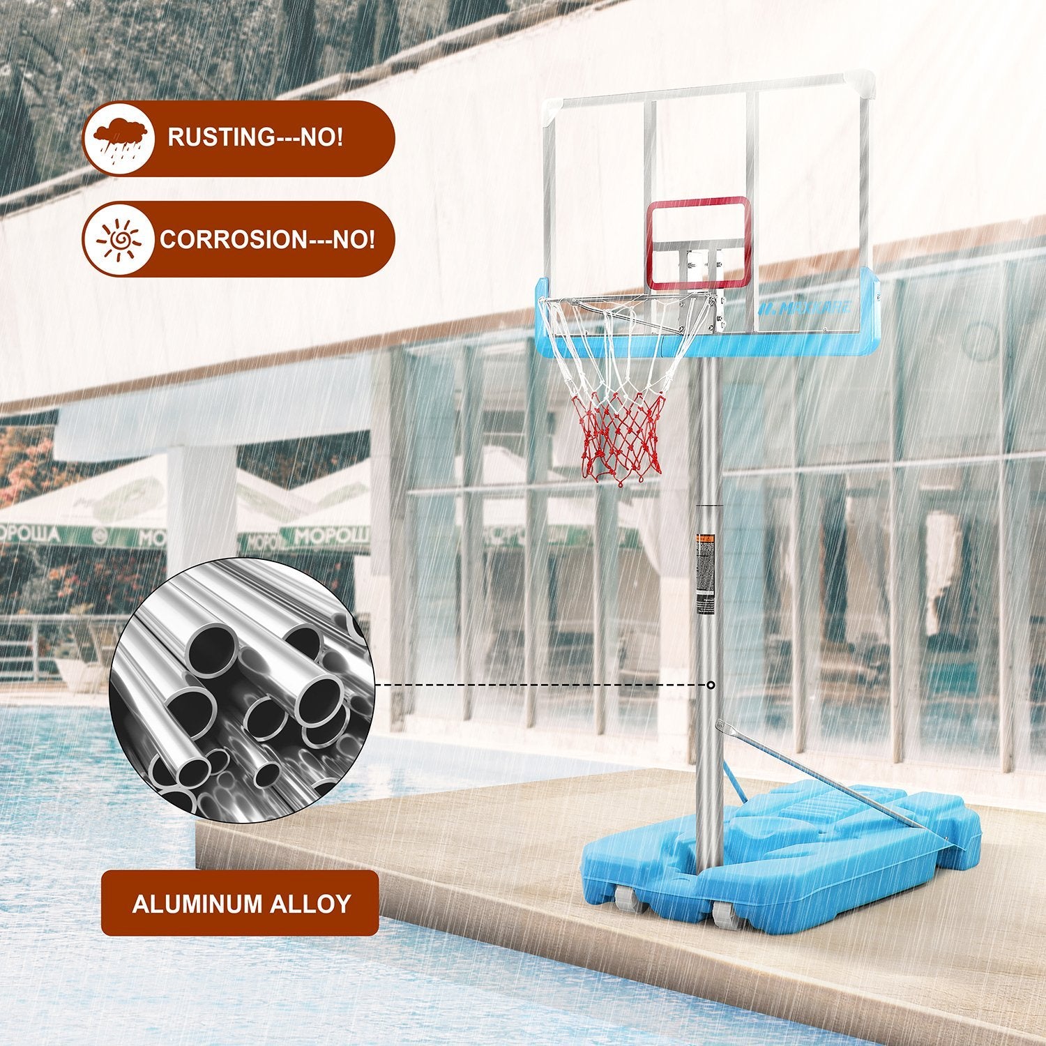Poolside Basketball Hoop System Portable Swimming Pool Basketball Goal Set Game Stand Adjustable Height 47’’-79’’ Outdoor Indoor For Kid Adult W PVC Shatterproof Backboard Aluminum Alloy Anti-Rust Basketball Rim Net Turquoise - NAIPO