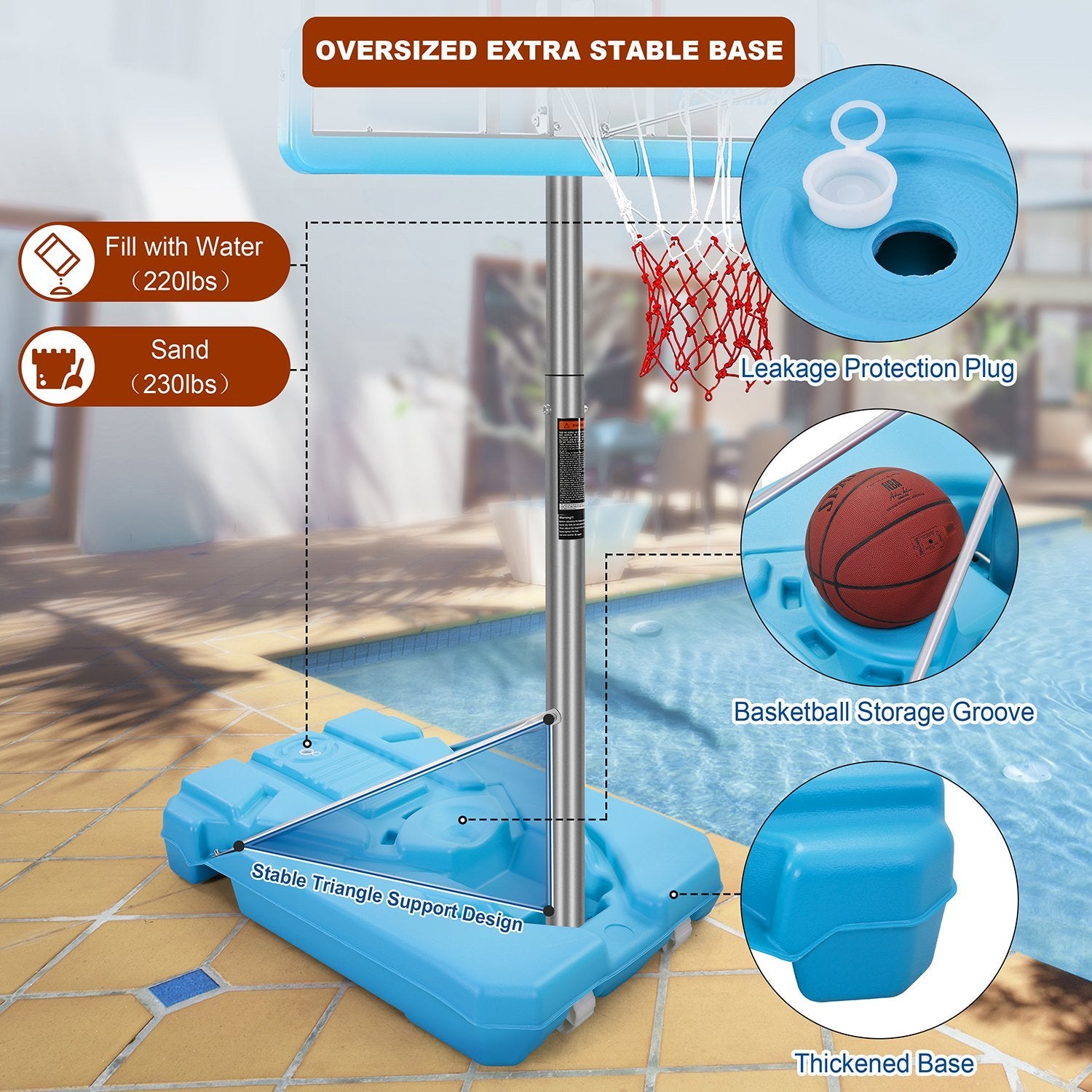Poolside Basketball Hoop System Portable Swimming Pool Basketball Goal Set Game Stand Adjustable Height 35’’ Outdoor Indoor For Kid Adult W PVC Shatterproof Backboard Aluminum Alloy Anti-Rust Basketball Rim Net Turquoise