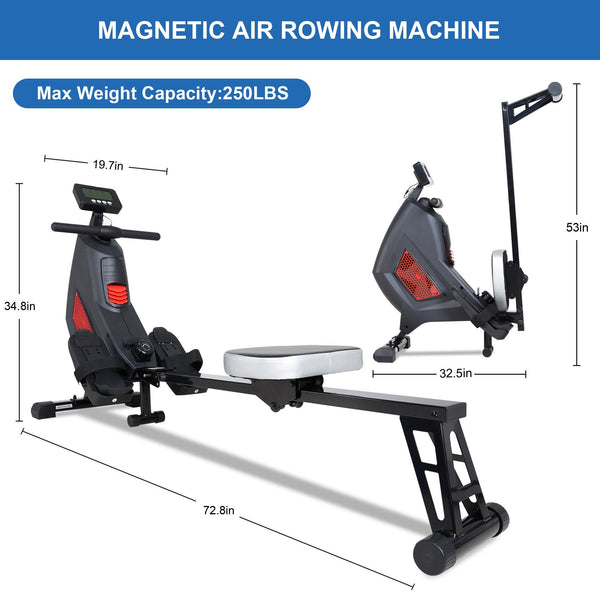 Rowing Machine Folding Magnetic Air Rowing Machines, Indoor Rower Machine for Home Use, 8 Levels Quiet Magnetic & Air Dual Resistance Foldable Rower for Exercise Gyms Training, 250 LBS Max Weight - NAIPO